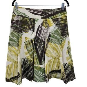 Vintage Silk Skirt 8 Green Yellow Abstract Leaf A-Line Paneled Full‎ Tea Length